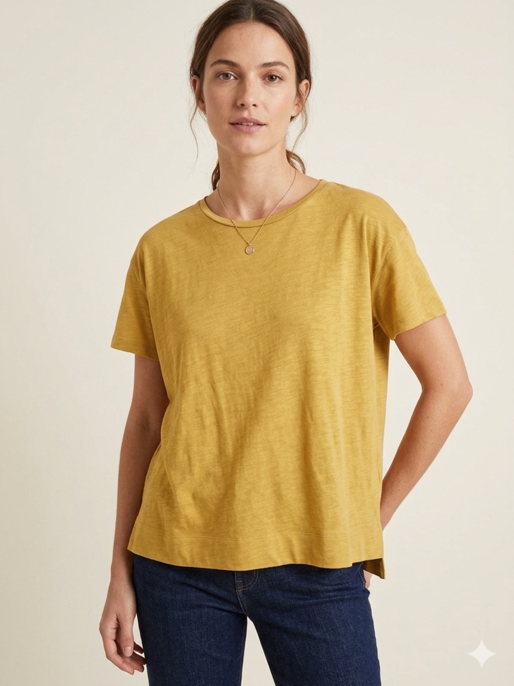 Massimo Dutti - Women’s Mustard Short Sleeve Crewneck Top 100% silk